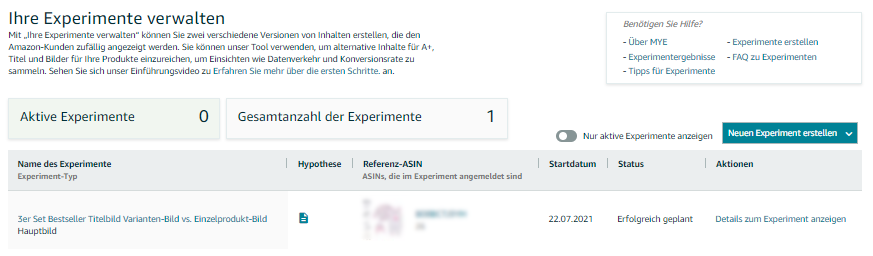 Amazon A/B Testing - Experimente verwalten