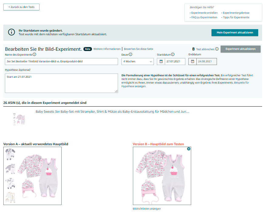 Amazon A/B Testing - Experiment bearbeiten